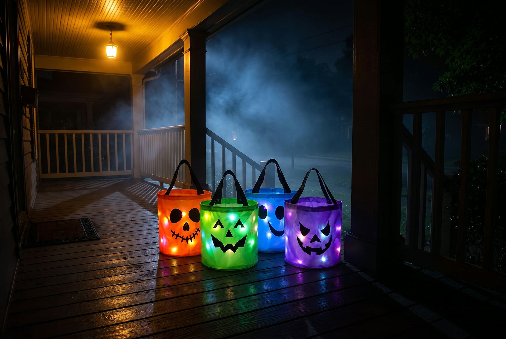 Four light-up trick-or-treat buckets glowing on a dark front porch