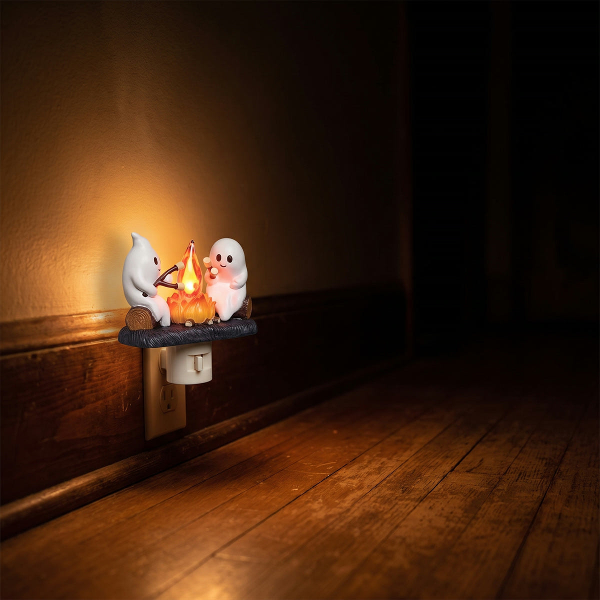 A ghost campfire nightlight glowing in a dark hallway