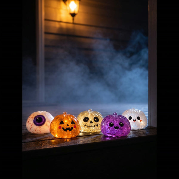 Five glittery Halloween squishy toys on a wet porch step