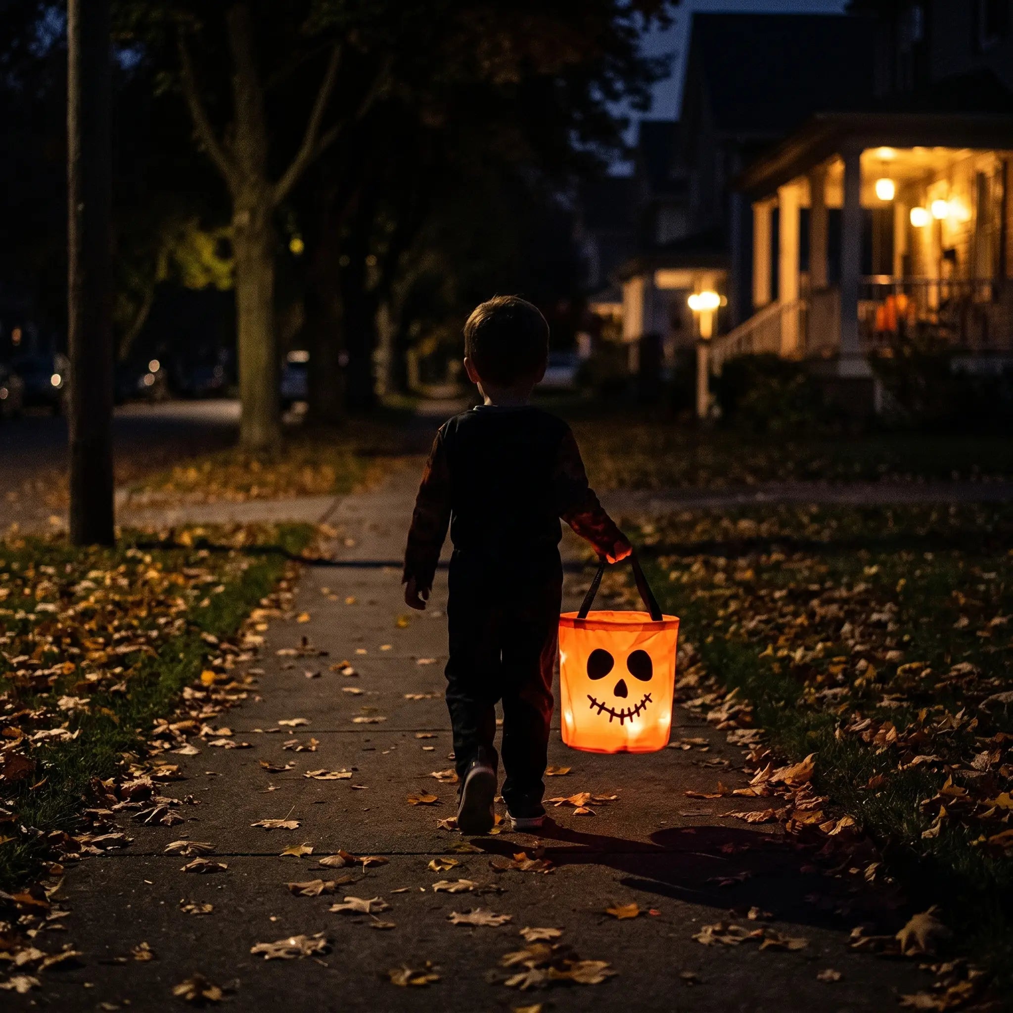 Child visible at night carrying glowing LED candy bucket on a dark sidewalk