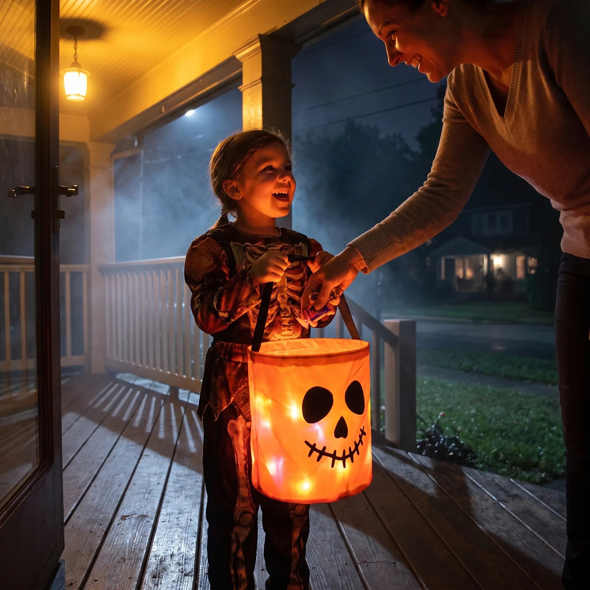 Child trick-or-treating at doorstep with glowing LED candy bucket lighting up their face
