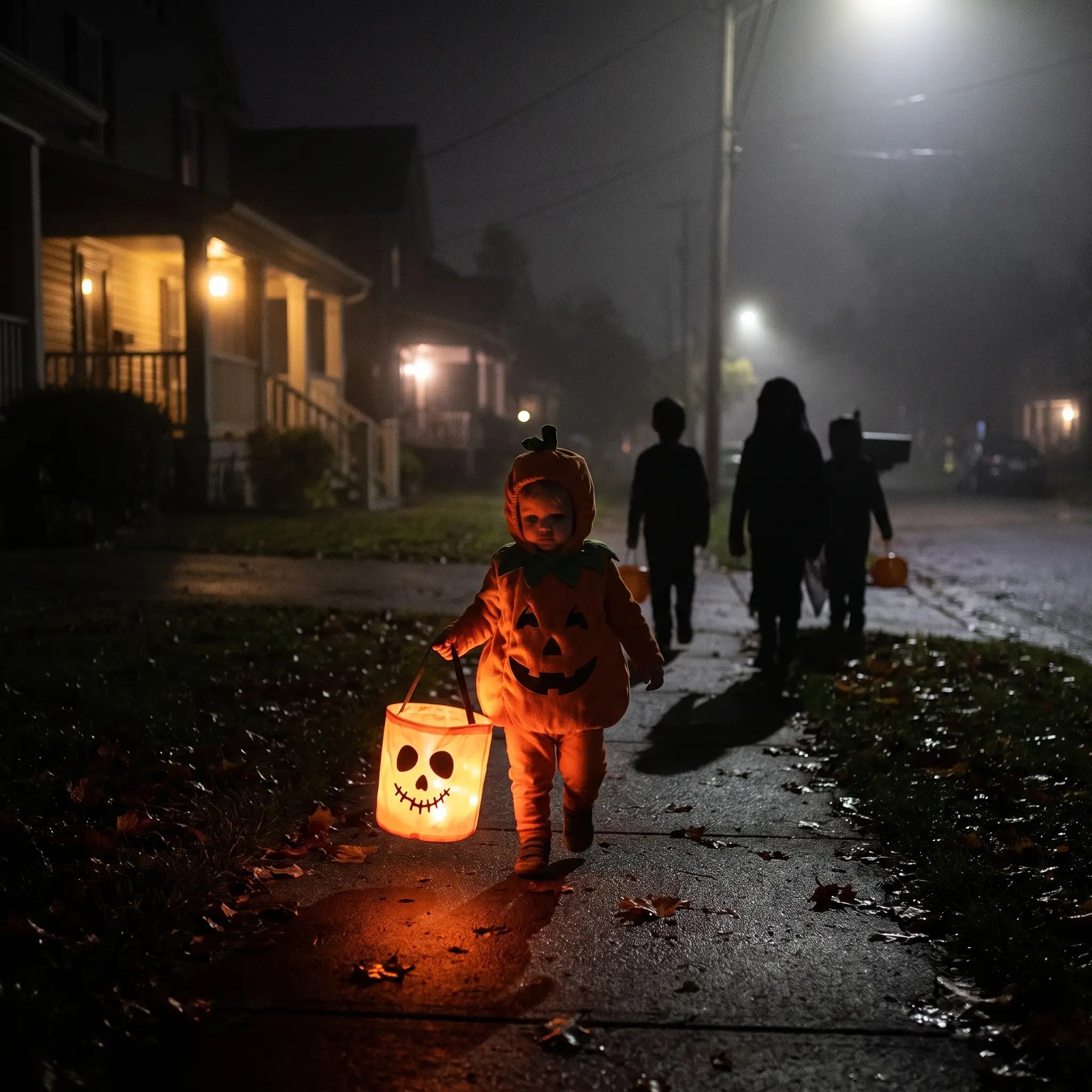 Parent's view of child walking ahead at night, glowing bucket making them visible in the dark
